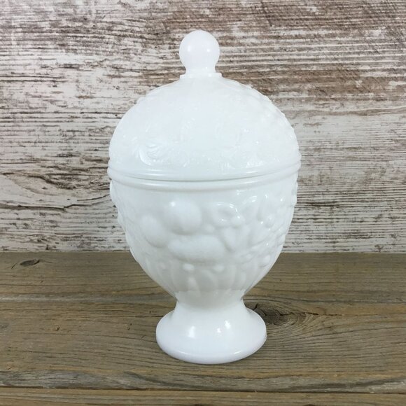 Vintage Avon White Milk Glass Lidded Pedestal Candy Dish Floral Design - Picture 1 of 10